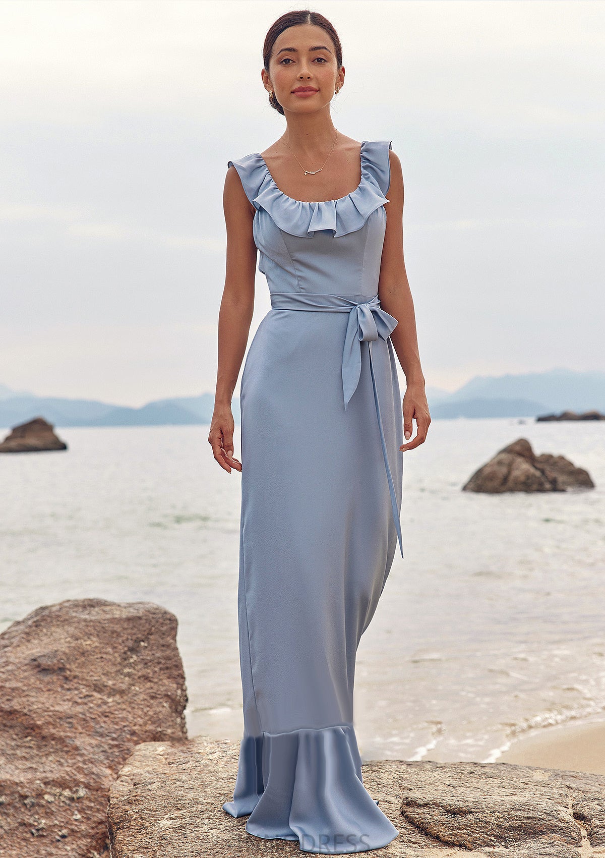 Sheath/Column Scoop Neck Sleeveless Floor-Length Stretch Satin Bridesmaid Dresses with Sashes Ruffles Carina DPP0025293