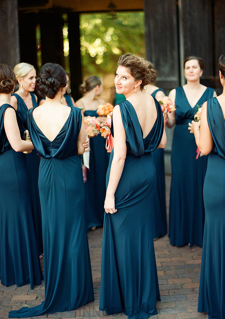 A-line V Neck Sleeveless Sweep Train Jersey Bridesmaid Dresses with Pleated Carleigh DPP0025302