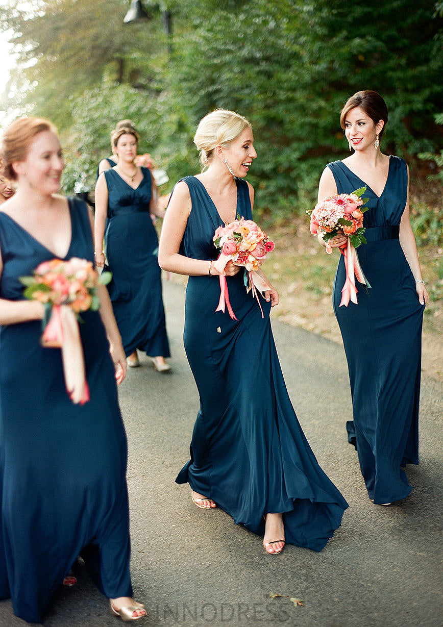 A-line V Neck Sleeveless Sweep Train Jersey Bridesmaid Dresses with Pleated Carleigh DPP0025302