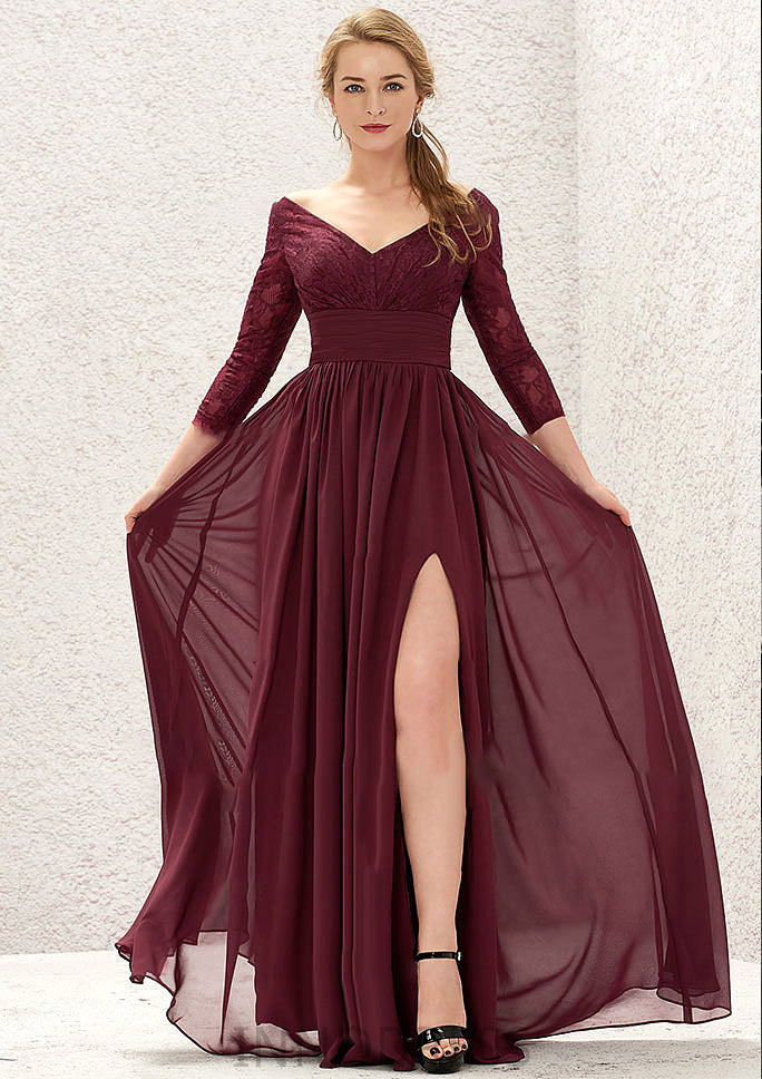 A-line V Neck Full/Long Sleeve Long/Floor-Length Chiffon Bridesmaid Dresses With Lace Split Pleated Brynlee DPP0025304