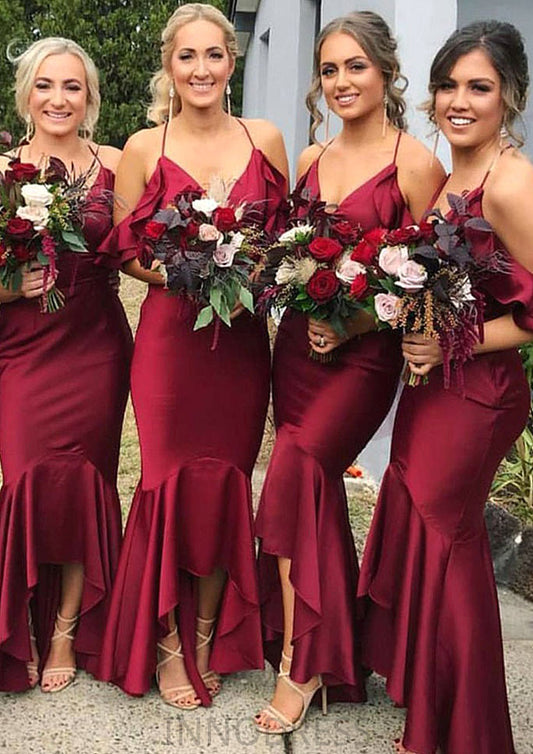 Sleeveless V Neck Asymmetrical Trumpet/Mermaid Charmeuse Bridesmaid Dresseses With Ruffles Elisa DPP0025305