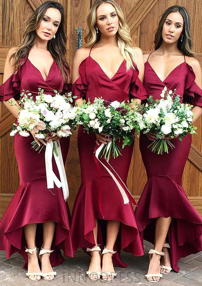 Sleeveless V Neck Asymmetrical Trumpet/Mermaid Charmeuse Bridesmaid Dresseses With Ruffles Elisa DPP0025305