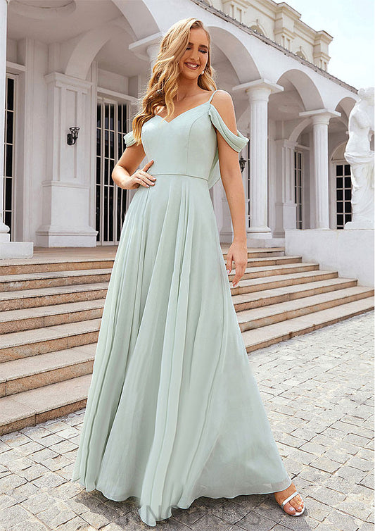 A-line Off-the-Shoulder Sleeveless Long/Floor-Length Chiffon Bridesmaid Dresseses With Pleated Yaretzi DPP0025307