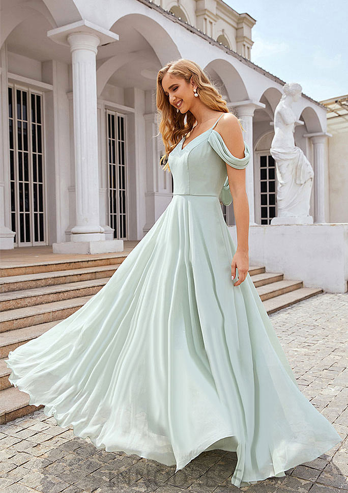 A-line Off-the-Shoulder Sleeveless Long/Floor-Length Chiffon Bridesmaid Dresseses With Pleated Yaretzi DPP0025307