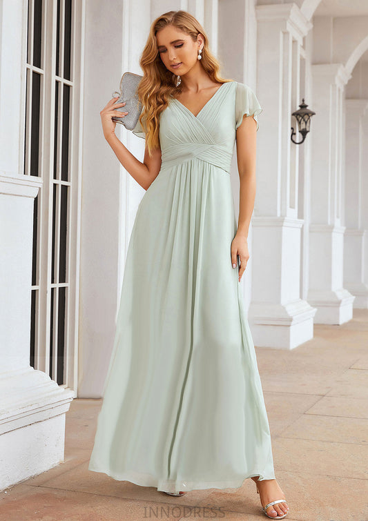 A-line V Neck Short Sleeve Long/Floor-Length Chiffon Bridesmaid Dresses With Pleated Bria DPP0025309