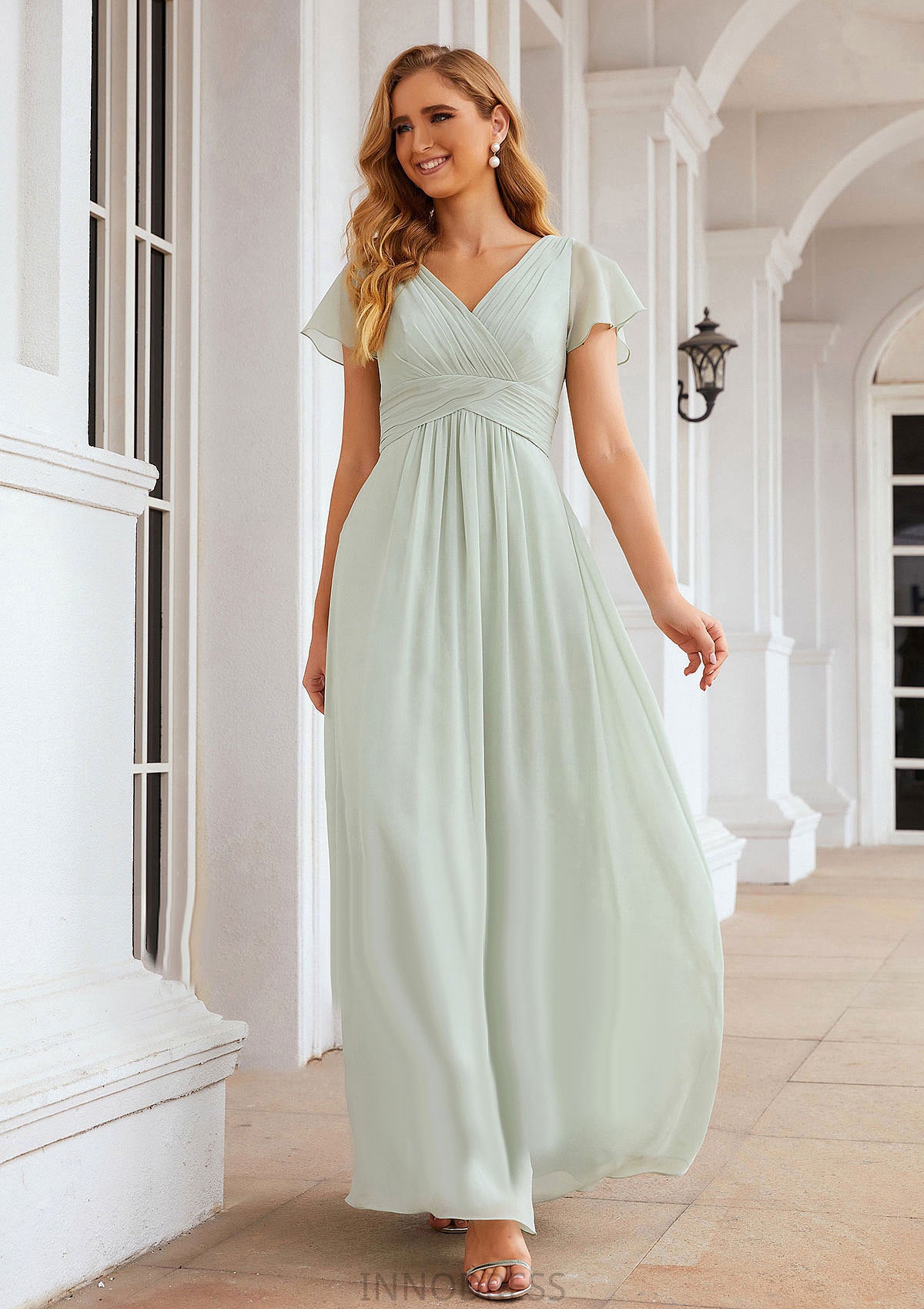 A-line V Neck Short Sleeve Long/Floor-Length Chiffon Bridesmaid Dresses With Pleated Bria DPP0025309