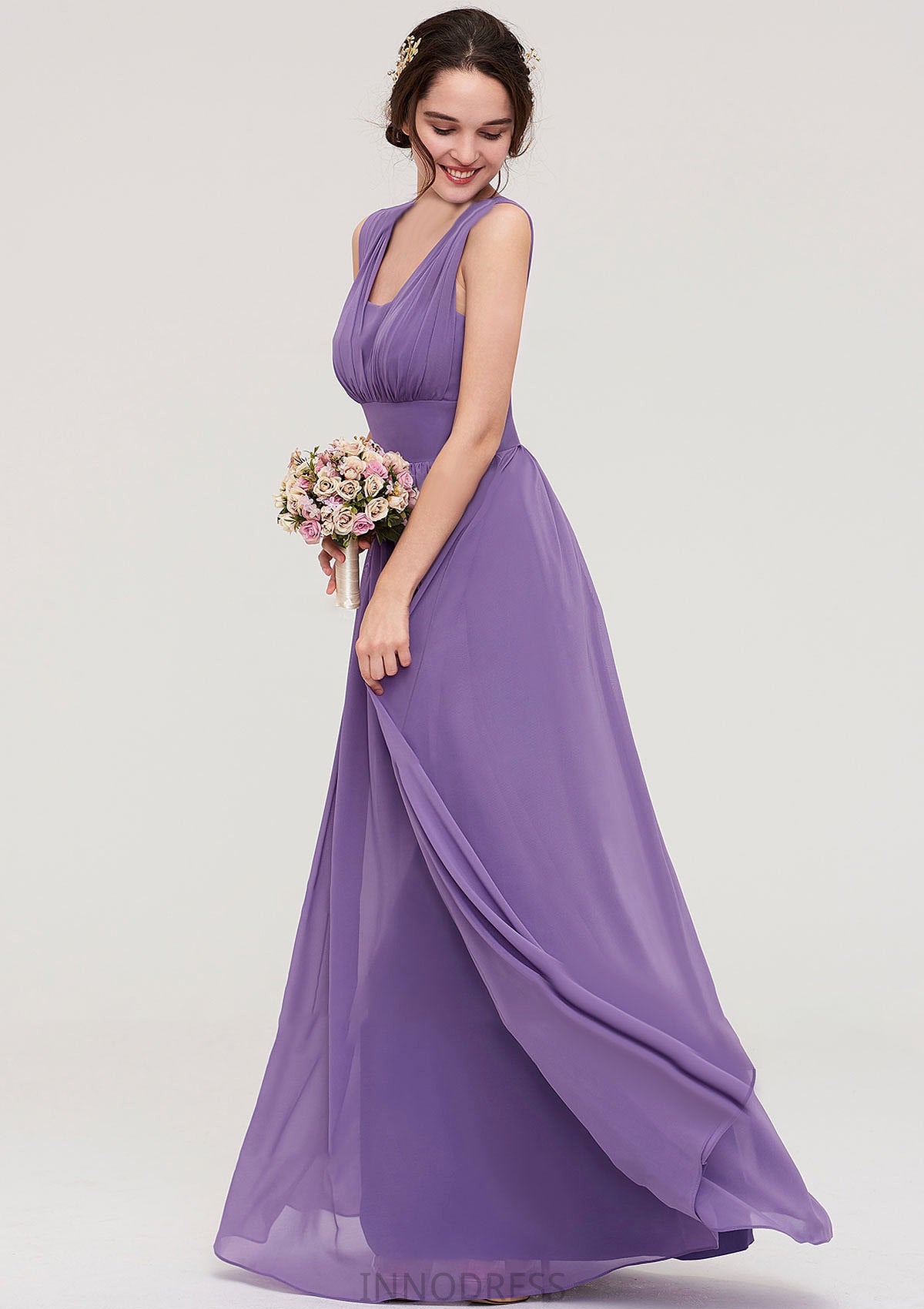 Sleeveless Scalloped Neck Chiffon Long/Floor-Length Bridesmaid Dresseses With Pleated Donna DPP0025314