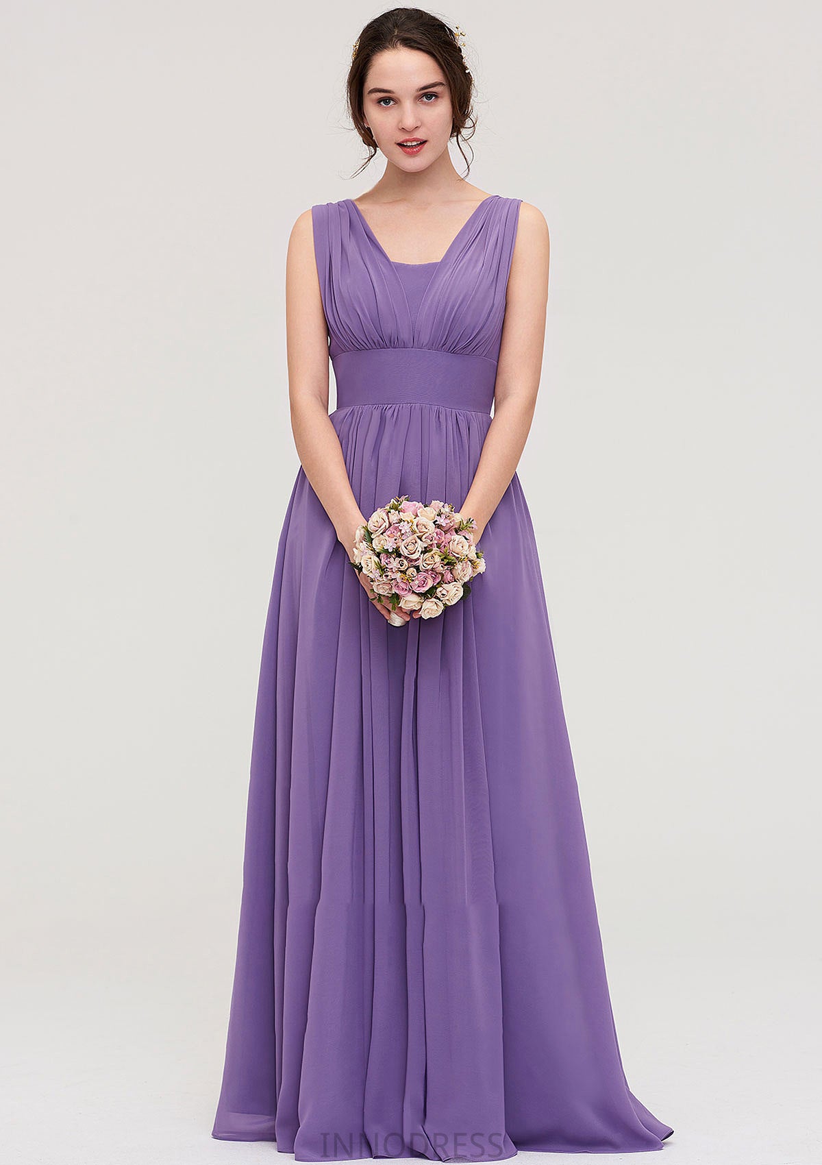 Sleeveless Scalloped Neck Chiffon Long/Floor-Length Bridesmaid Dresseses With Pleated Donna DPP0025314