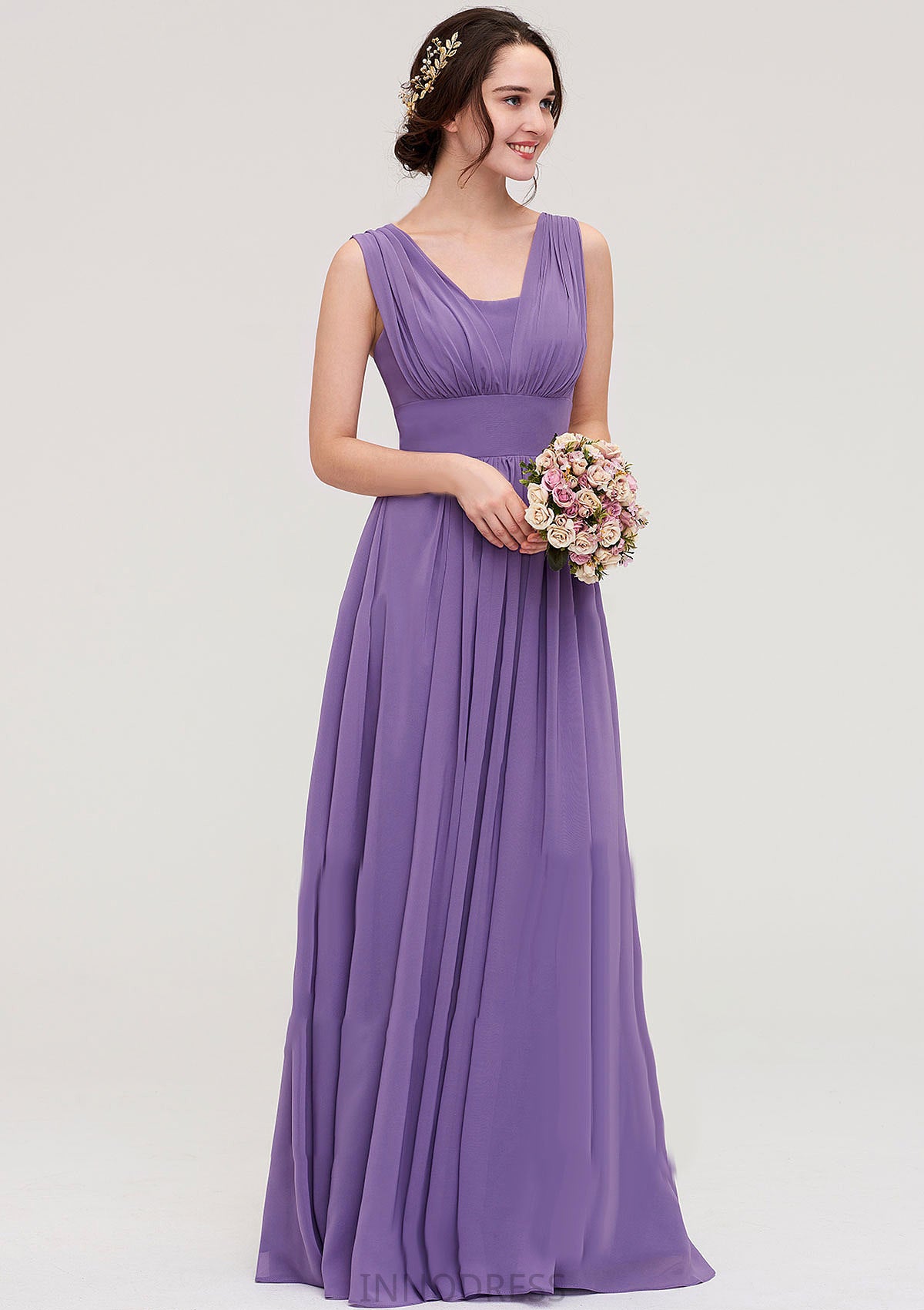 Sleeveless Scalloped Neck Chiffon Long/Floor-Length Bridesmaid Dresseses With Pleated Donna DPP0025314