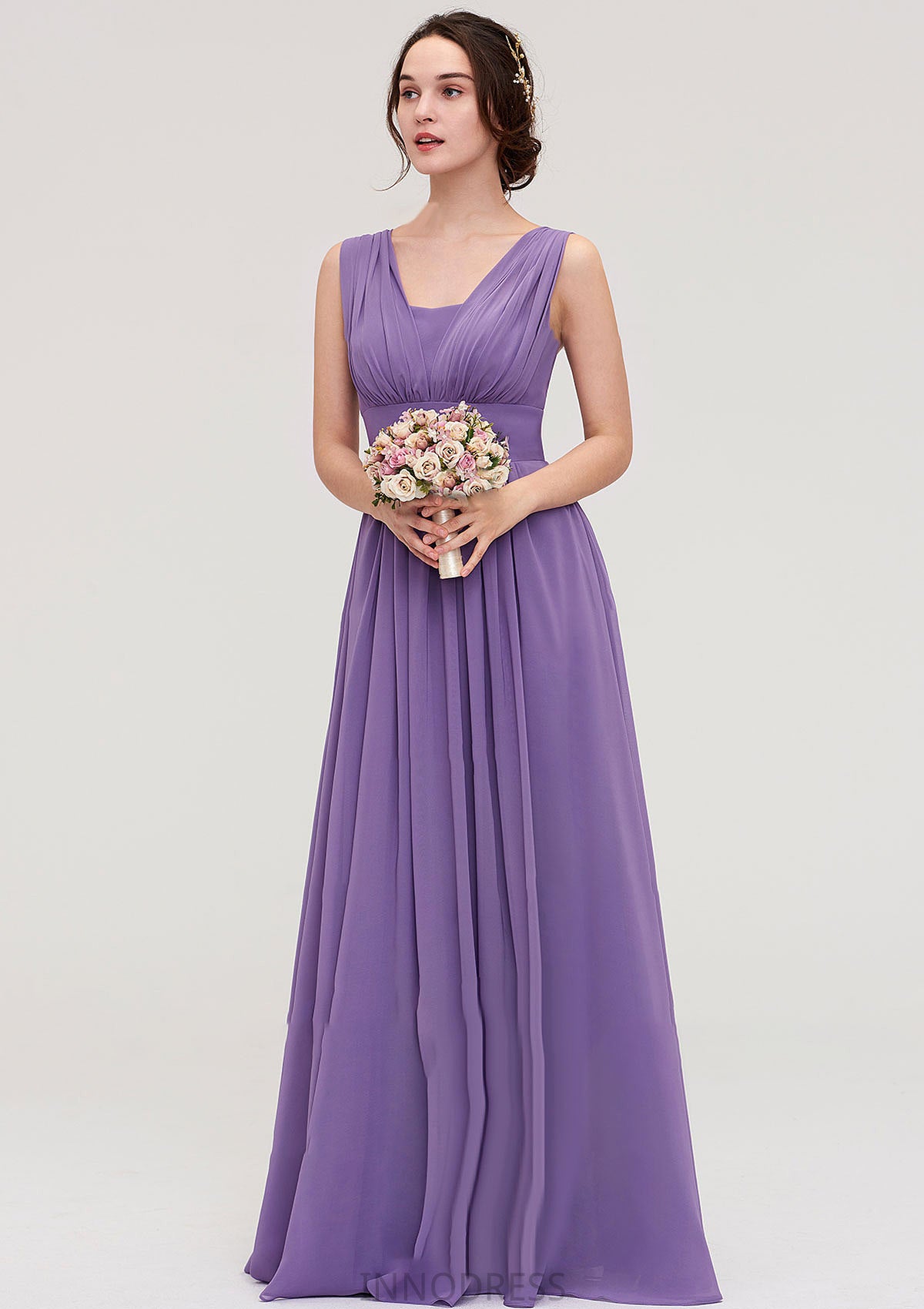 Sleeveless Scalloped Neck Chiffon Long/Floor-Length Bridesmaid Dresseses With Pleated Donna DPP0025314