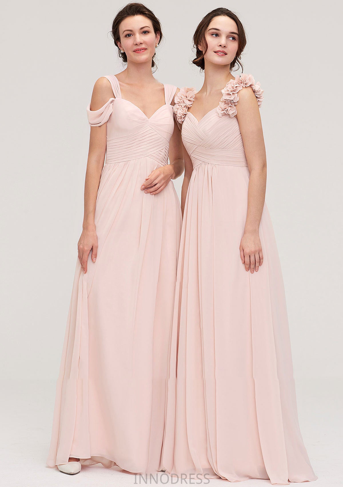 Sweetheart Sleeveless A-line/Princess Chiffon Long/Floor-Length Bridesmaid Dresses With Pleated Shoulder Flower Vera DPP0025315