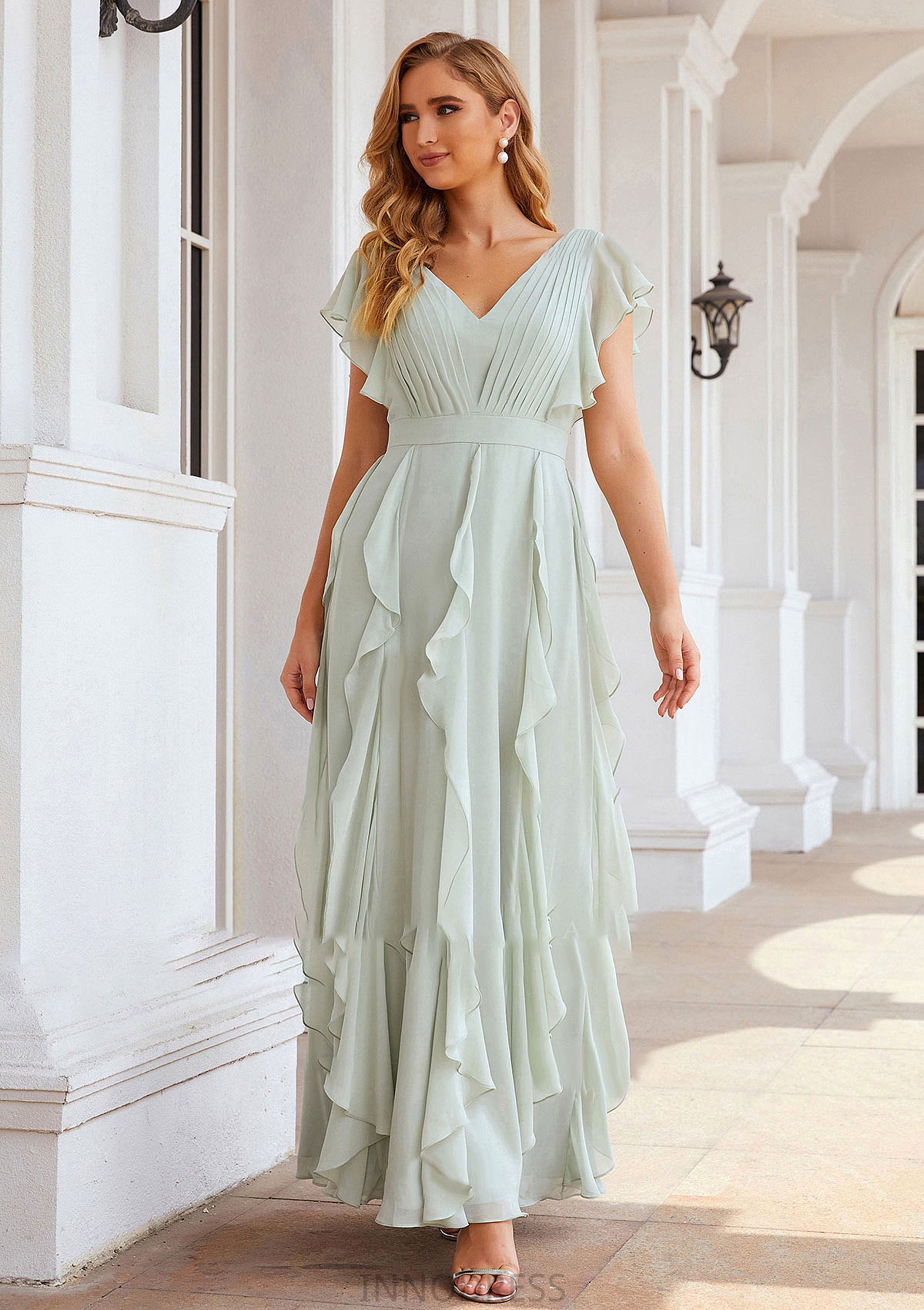 A-line V Neck Short Sleeve Long/Floor-Length Chiffon Bridesmaid Dresses With Pleated Ruffles Gladys DPP0025316