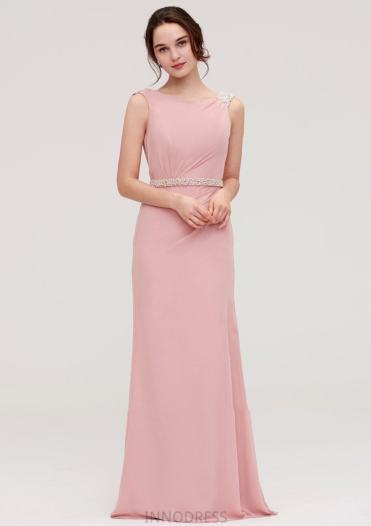 Sleeveless Sheath/Column Long/Floor-Length Chiffon Bridesmaid Dresses With Waistband Beading Ida DPP0025317