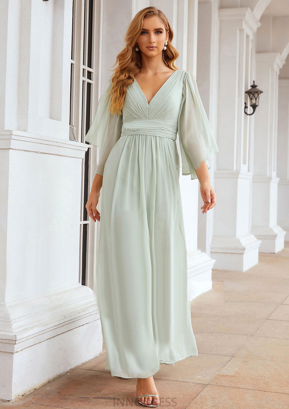 Sheath/Column V Neck 3/4 Sleeve Long/Floor-Length Chiffon Bridesmaid Dresses With Pleated Khloe DPP0025318