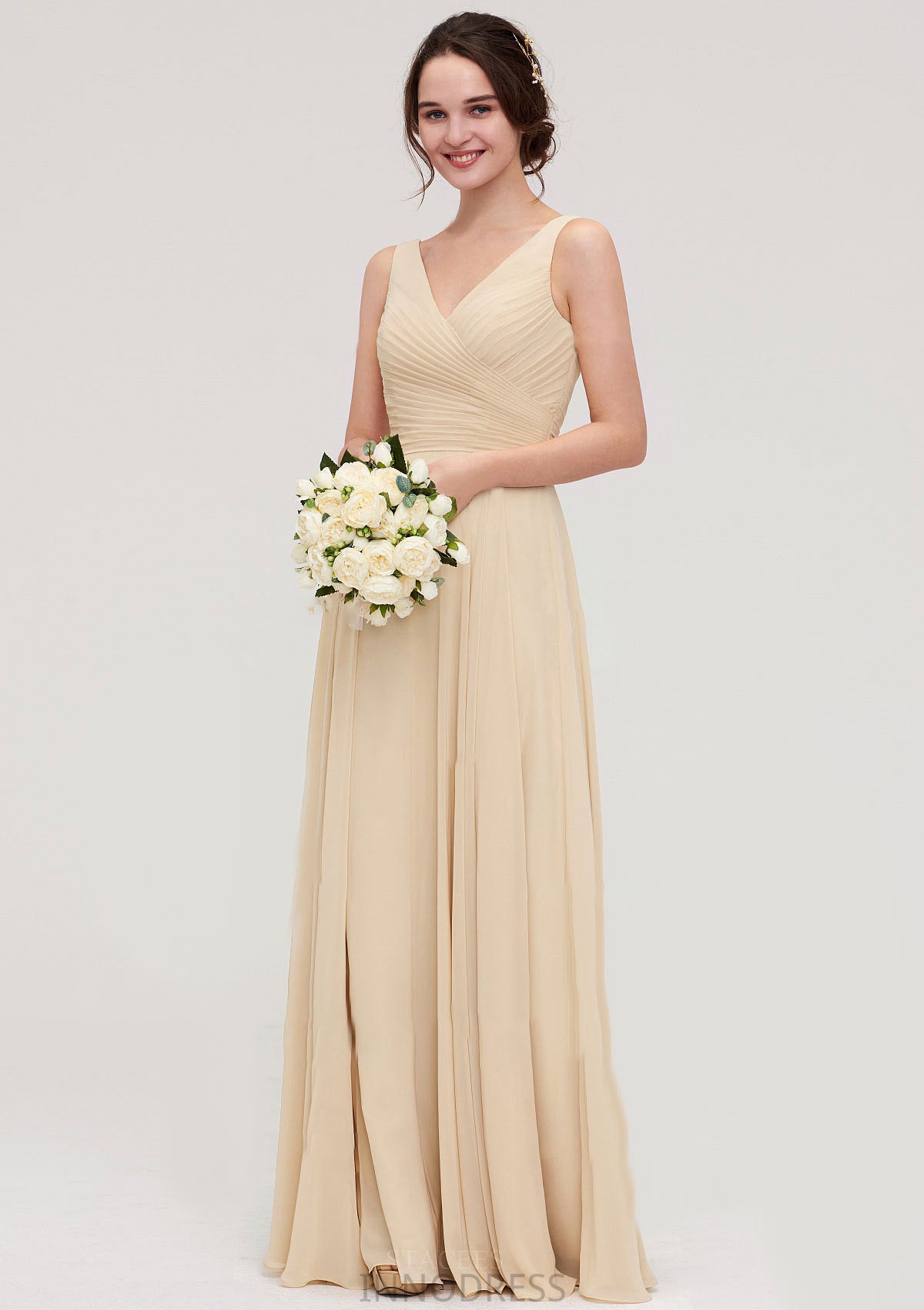 A-line/Princess V Neck Long/Floor-Length A-line/Princess Chiffon Bridesmaid Dresses With Sashes Pleated Marisa DPP0025322