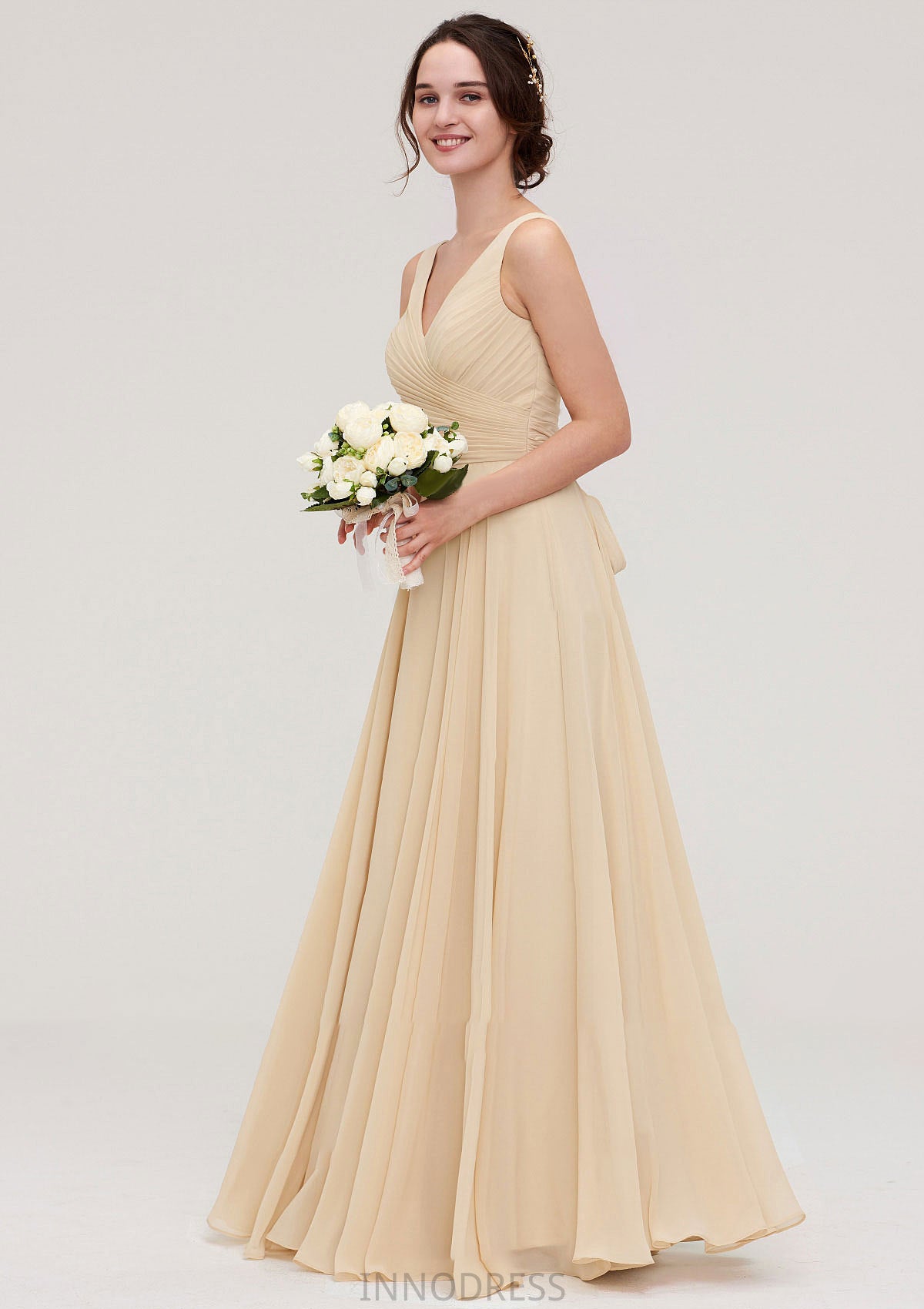 A-line/Princess V Neck Long/Floor-Length A-line/Princess Chiffon Bridesmaid Dresses With Sashes Pleated Marisa DPP0025322