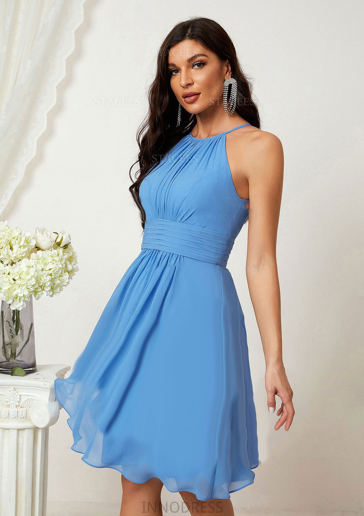 A-line Halter Sleeveless Knee-Length Chiffon Bridesmaid Dresses With Pleated    Maud DPP0025324