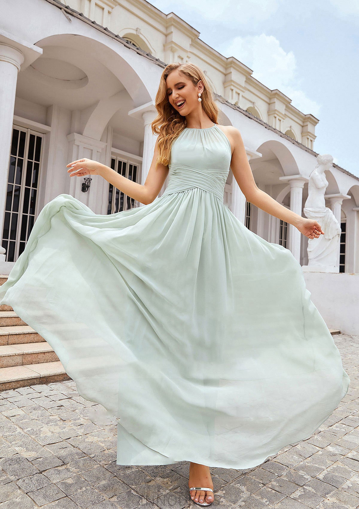 A-line Halter Sleeveless Long/Floor-Length Chiffon Bridesmaid Dresses With Pleated Leilani DPP0025325