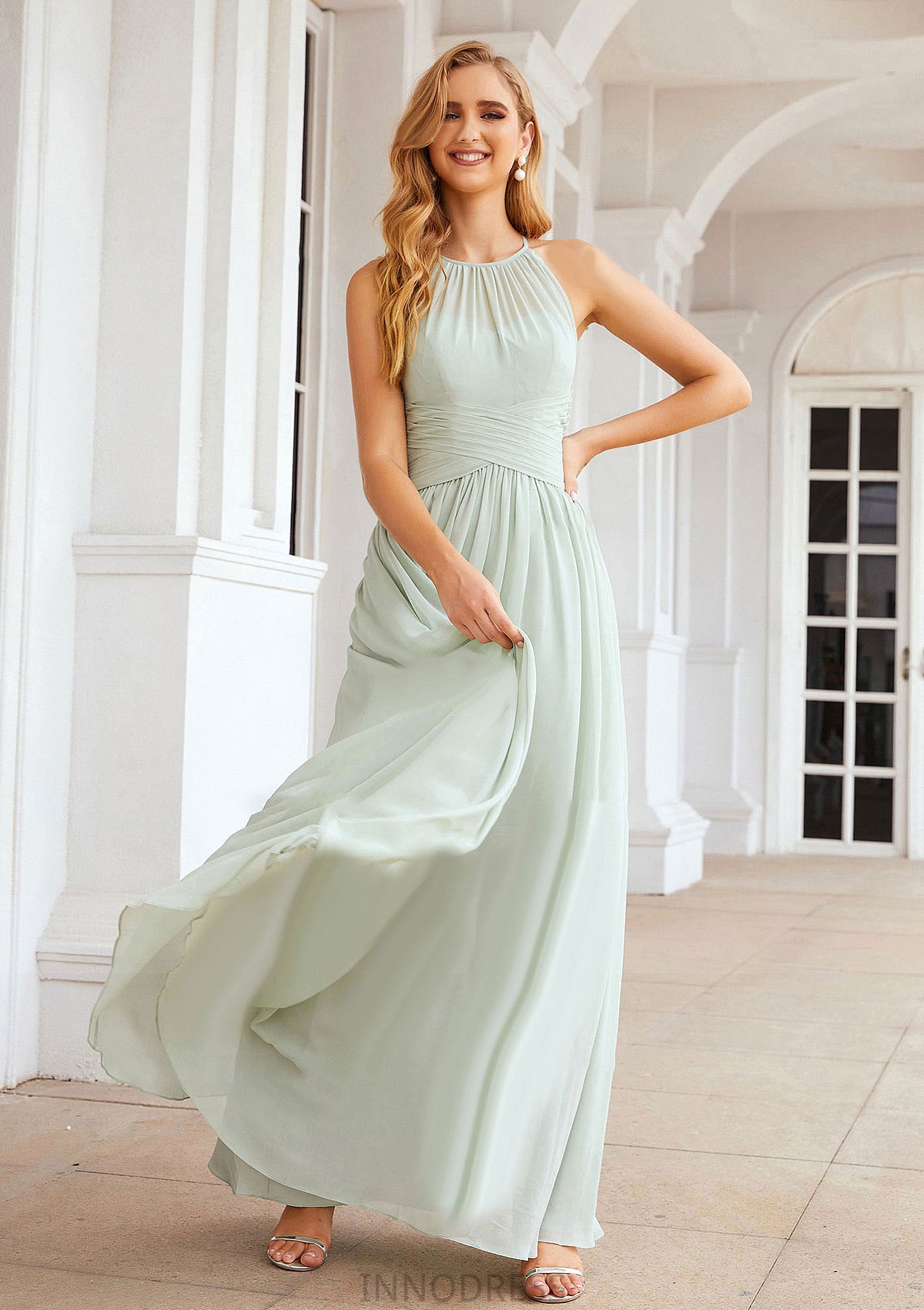 A-line Halter Sleeveless Long/Floor-Length Chiffon Bridesmaid Dresses With Pleated Leilani DPP0025325