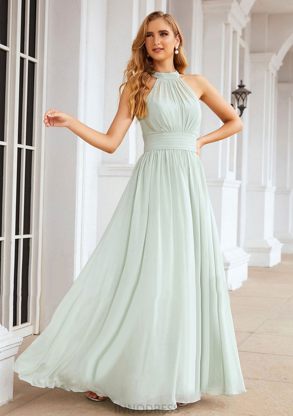 A-line High-Neck Sleeveless Long/Floor-Length Chiffon Bridesmaid Dresses With Pleated Gabrielle DPP0025326