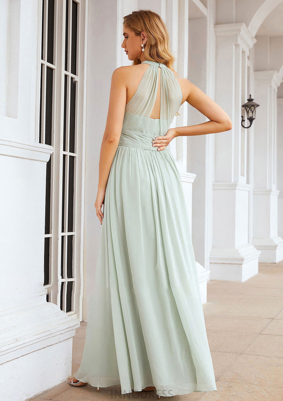 A-line High-Neck Sleeveless Long/Floor-Length Chiffon Bridesmaid Dresses With Pleated Gabrielle DPP0025326