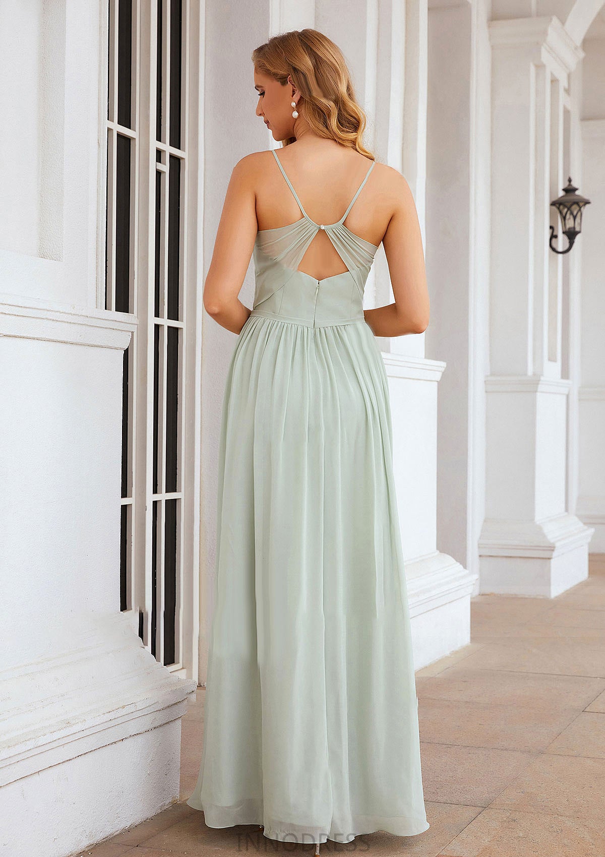 A-line V Neck Sleeveless Long/Floor-Length Chiffon Bridesmaid Dresses With Pleated Split Sariah DPP0025327