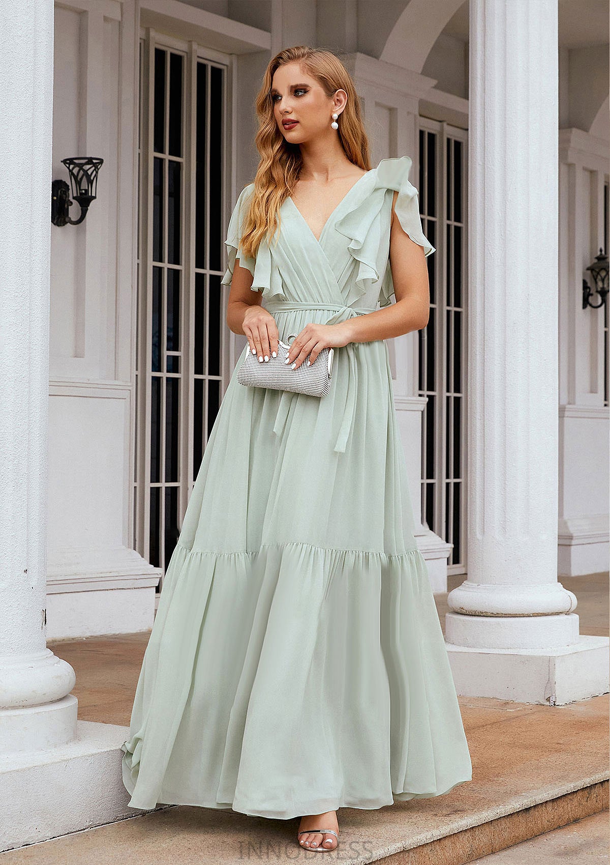 A-line V Neck Short Sleeve Chiffon Long/Floor-Length Bridesmaid Dresses With Pleated Hadassah DPP0025331