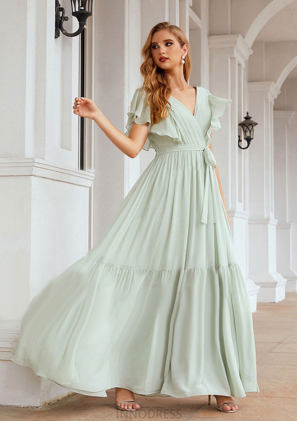 A-line V Neck Short Sleeve Chiffon Long/Floor-Length Bridesmaid Dresses With Pleated Hadassah DPP0025331