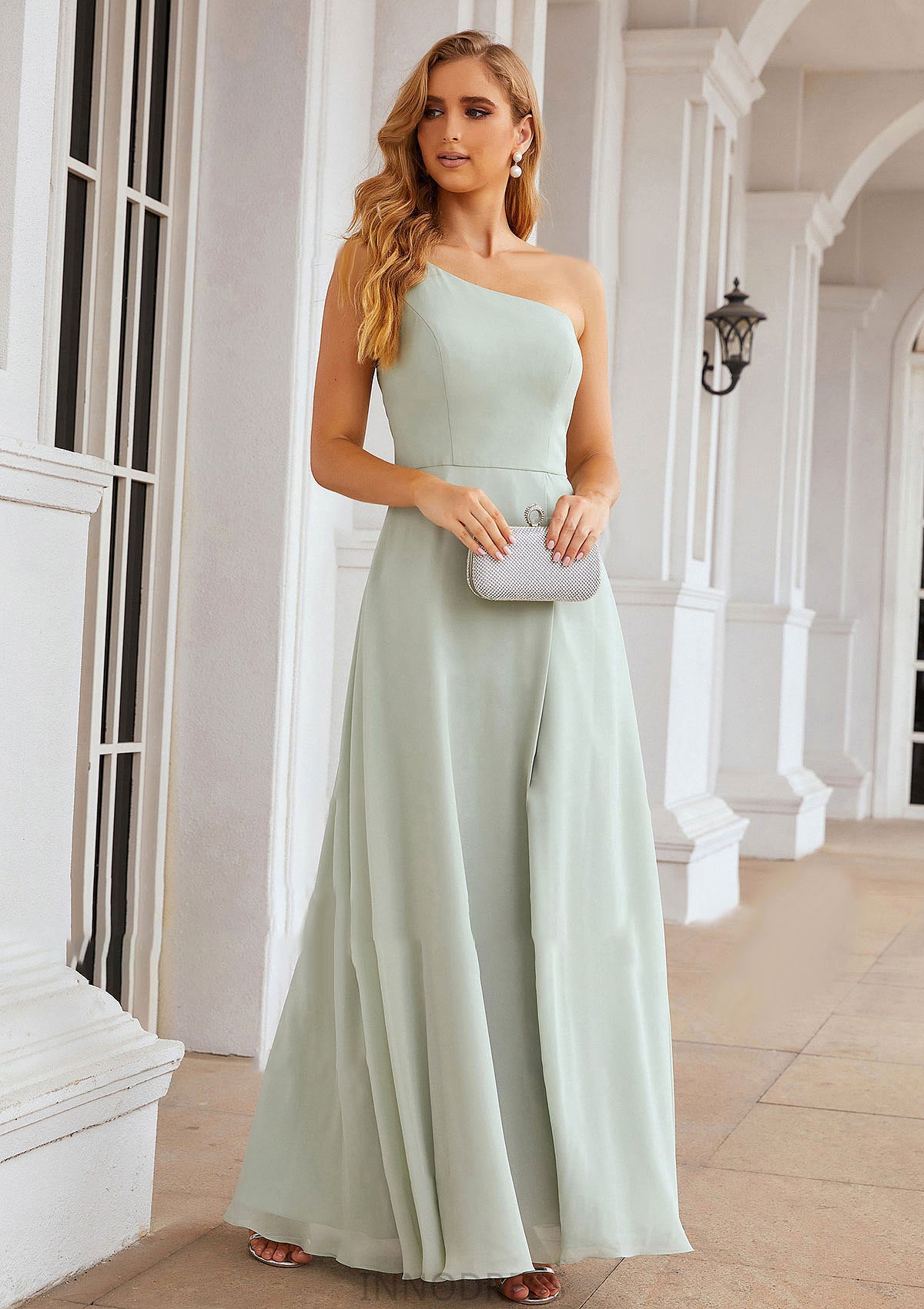 A-line One-Shoulder Sleeveless Long/Floor-Length Chiffon Bridesmaid Dresses With Split Lacey DPP0025333