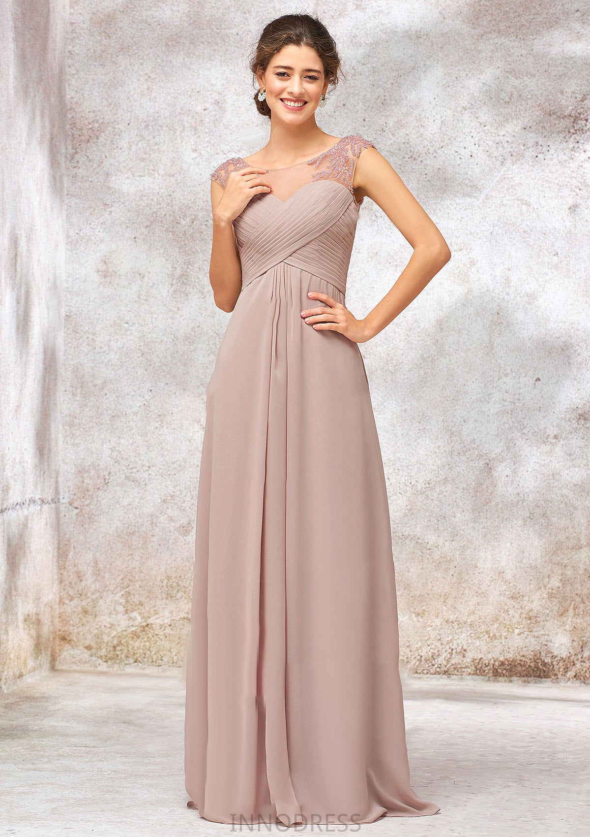 Illusion Neck Long/Floor-Length Chiffon A-line/Princess Bridesmaid Dresses  With Sequins Pleated Beading Charlotte DPP0025334