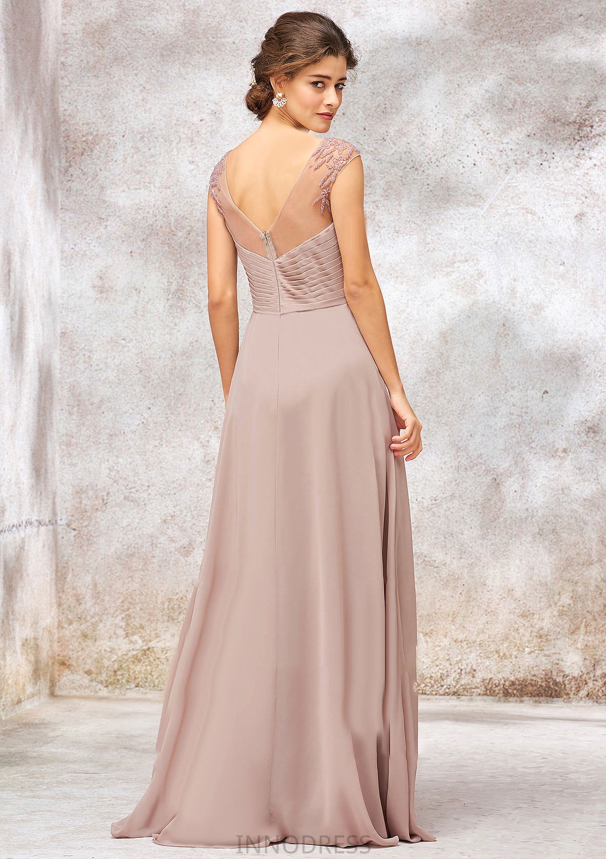 Illusion Neck Long/Floor-Length Chiffon A-line/Princess Bridesmaid Dresses  With Sequins Pleated Beading Charlotte DPP0025334