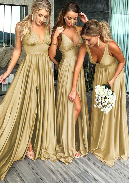 A-Line/Princess V-Neck Sweep Train Jersey Bridesmaid Dresses With Split Front Pleated Waistband Madelynn DPP0025336