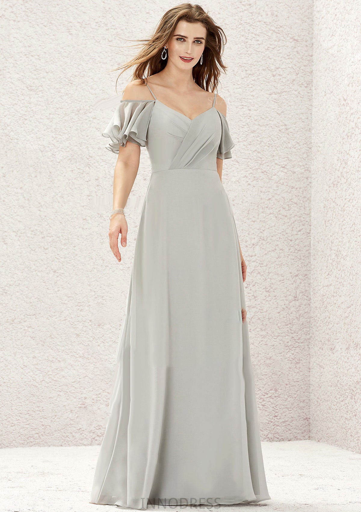 A-line Sweetheart Short Sleeve Long/Floor-Length Chiffon Bridesmaid Dresses With Pleated Alexis DPP0025338