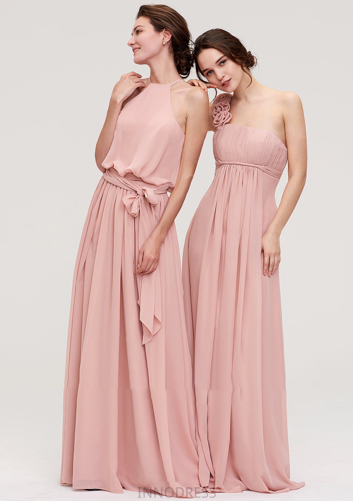 Sleeveless One-Shoulder Long/Floor-Length Chiffon A-line/Princess Bridesmaid Dresses With Pleated Flowers Daniella DPP0025346