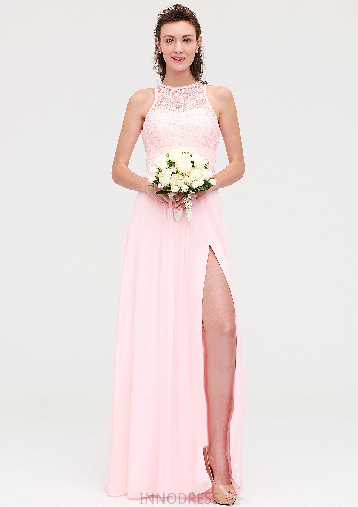 Sleeveless Scoop Neck Chiffon A-line/Princess Long/Floor-Length Bridesmaid Dresseses With Split Lace Amina DPP0025349