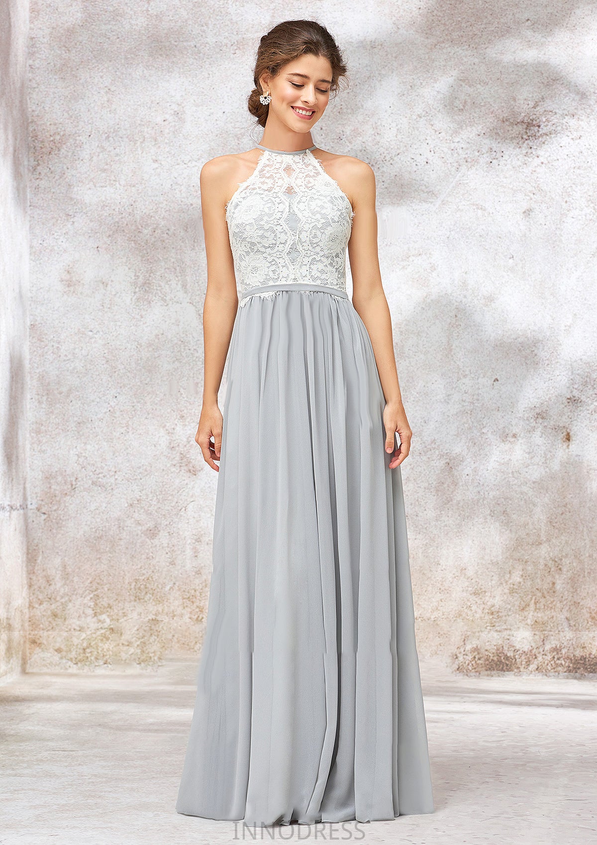 Scoop Neck A-line/Princess Sleeveless Chiffon Long/Floor-Length Bridesmaid Dresses With Lace Gisselle DPP0025350