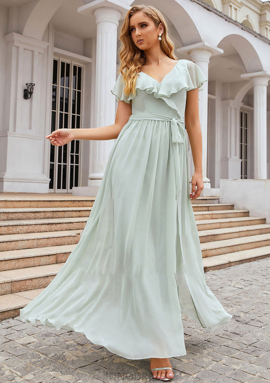 A-line V Neck Short Sleeve Long/Floor-Length Chiffon Bridesmaid Dresses With Sashes Ruffles Julianna DPP0025352