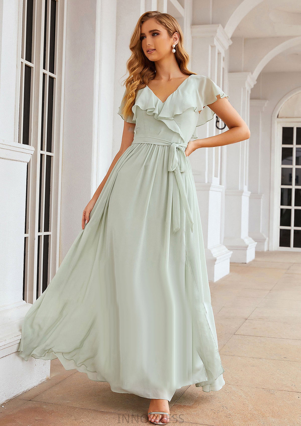 A-line V Neck Short Sleeve Long/Floor-Length Chiffon Bridesmaid Dresses With Sashes Ruffles Julianna DPP0025352