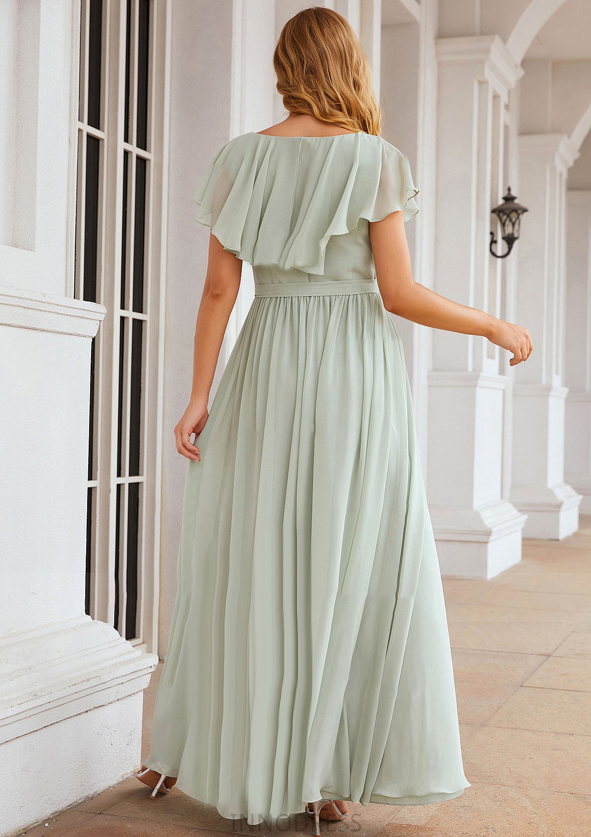 A-line V Neck Short Sleeve Long/Floor-Length Chiffon Bridesmaid Dresses With Sashes Ruffles Julianna DPP0025352