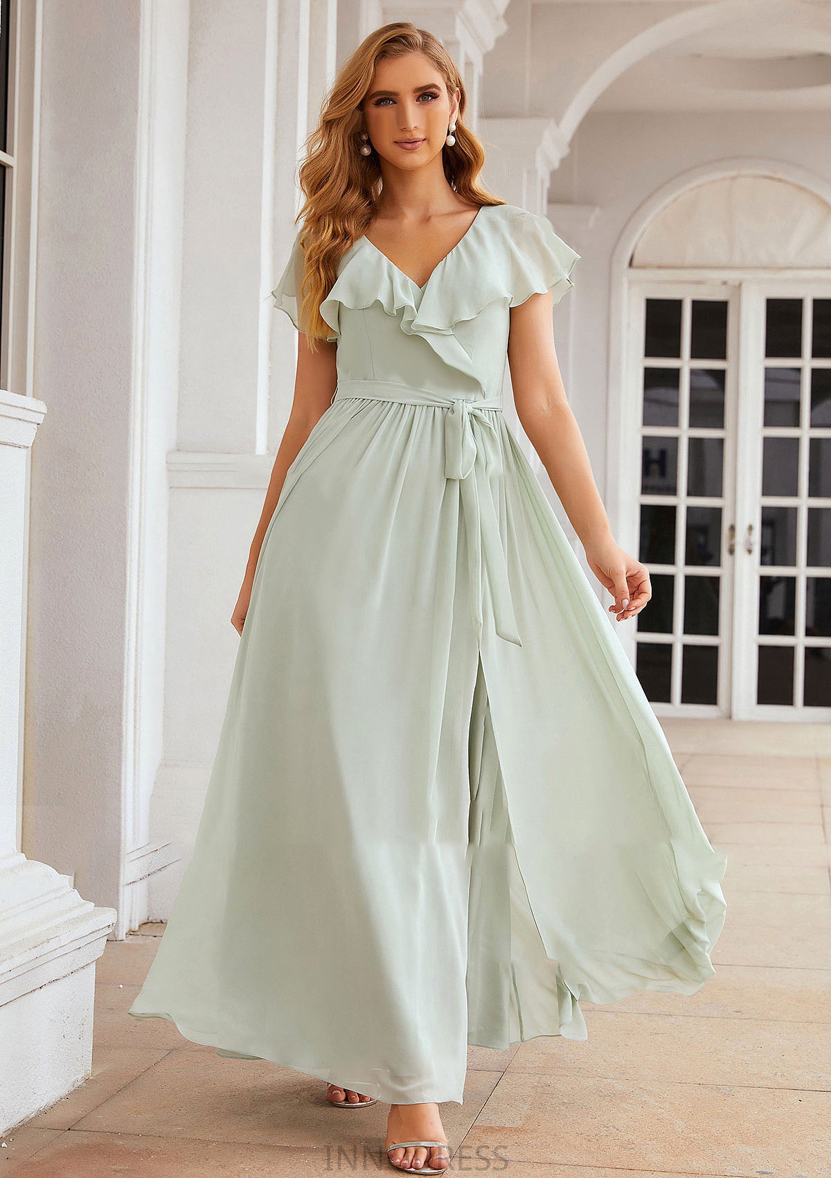 A-line V Neck Short Sleeve Long/Floor-Length Chiffon Bridesmaid Dresses With Sashes Ruffles Julianna DPP0025352