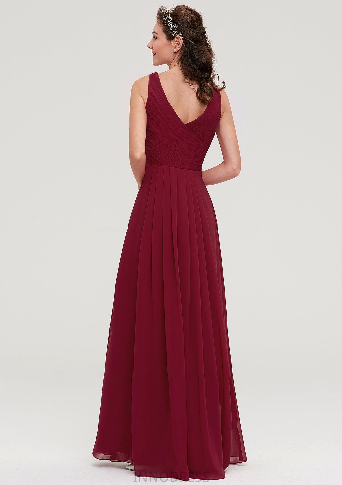 V Neck Sleeveless Chiffon A-line/Princess Long/Floor-Length Bridesmaid Dresseses With Waistband Beading Pleated Esperanza DPP0025355