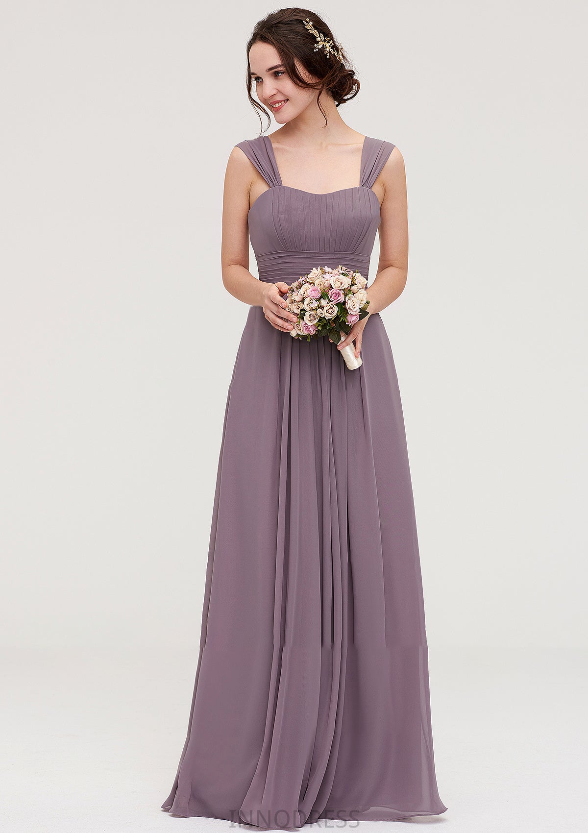 Square Neckline Sleeveless Chiffon Long/Floor-Length A-line/Princess Bridesmaid Dresses With Pleated Mikayla DPP0025356