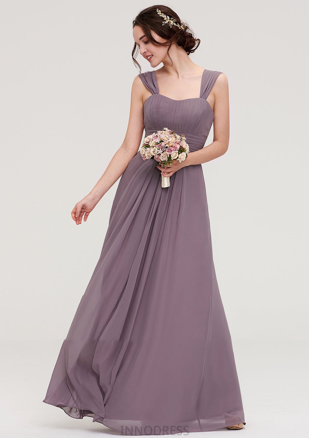 Square Neckline Sleeveless Chiffon Long/Floor-Length A-line/Princess Bridesmaid Dresses With Pleated Mikayla DPP0025356