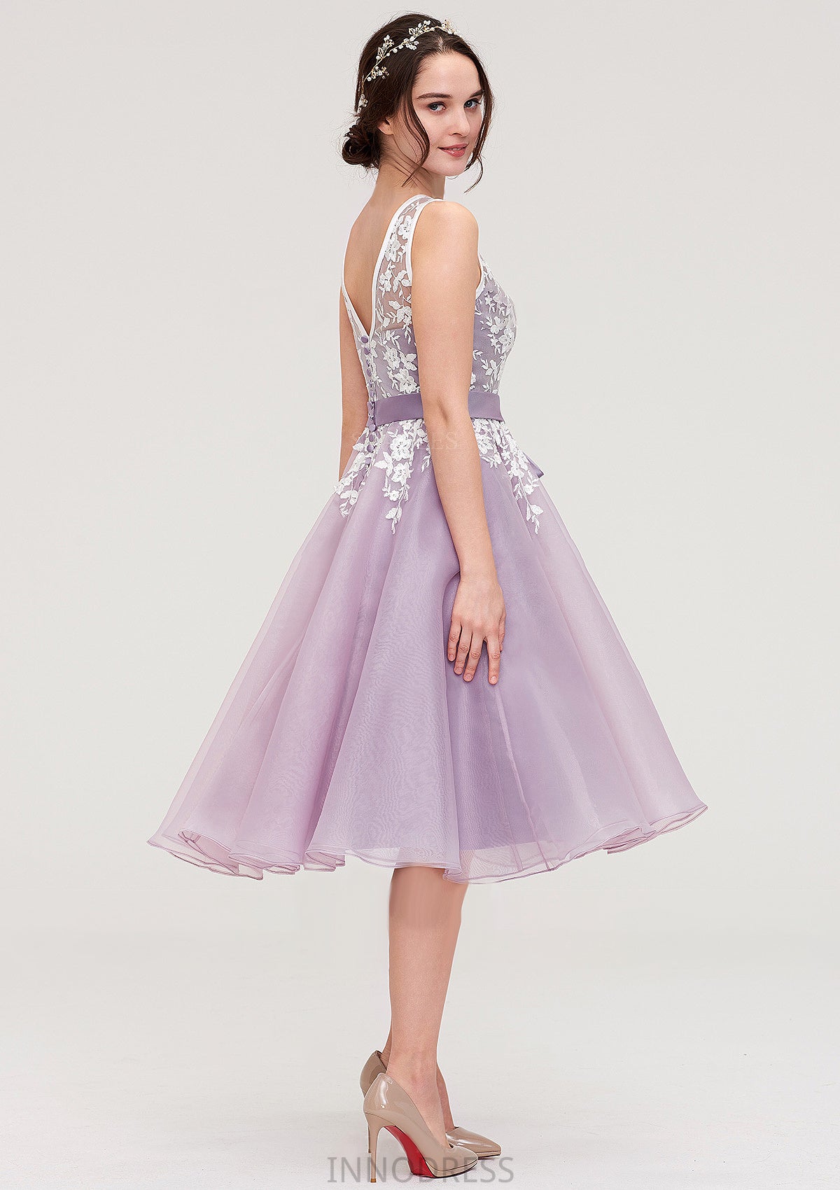 Bateau Sleeveless Organza Knee-Length A-line/Princess Bridesmaid Dresses With Sashes Lace Perla DPP0025358