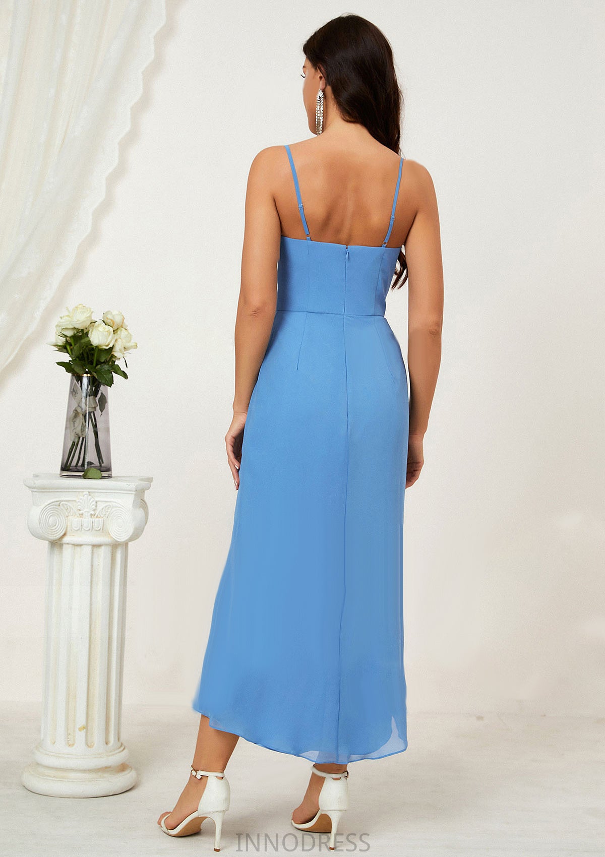 Sheath/Column Sweetheart Sleeveless Chiffon Asymmetrical Bridesmaid Dresses With Pleated Split Carly DPP0025359