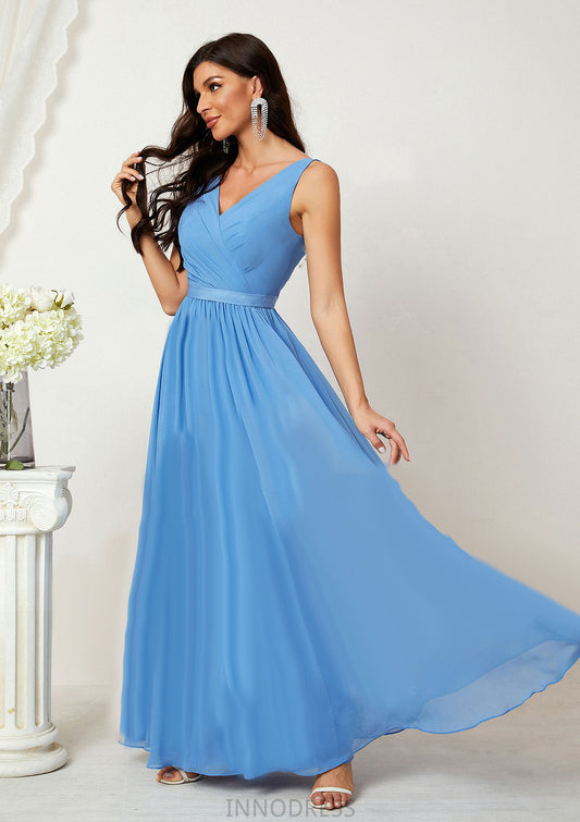 A-line V Neck Sleeveless Chiffon Long/Floor-Length Bridesmaid Dresses With Pleated Danika DPP0025360