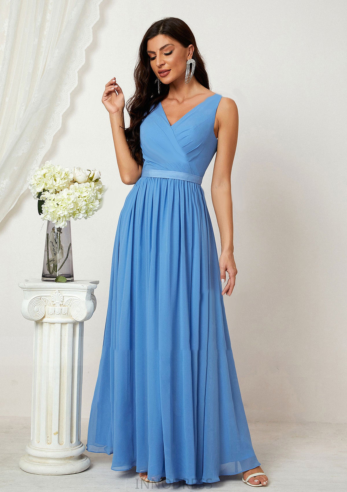 A-line V Neck Sleeveless Chiffon Long/Floor-Length Bridesmaid Dresses With Pleated Danika DPP0025360