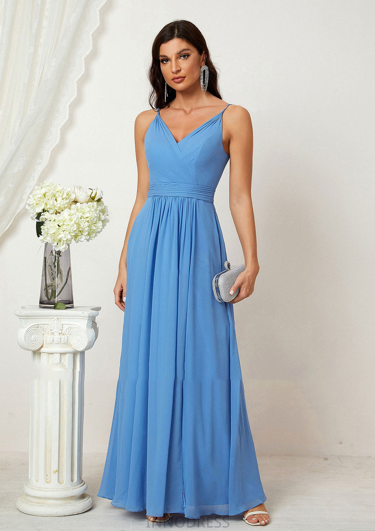 A-line V Neck Sleeveless Chiffon Long/Floor-Length Bridesmaid Dresses With Split Pleated Natalia DPP0025362