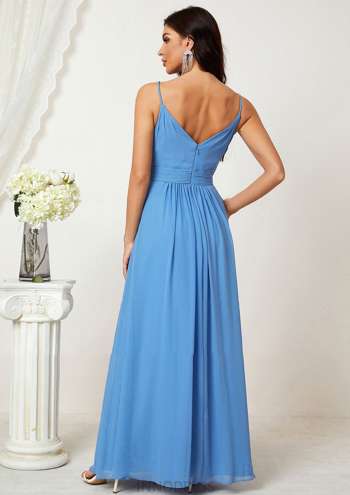 A-line V Neck Sleeveless Chiffon Long/Floor-Length Bridesmaid Dresses With Split Pleated Natalia DPP0025362