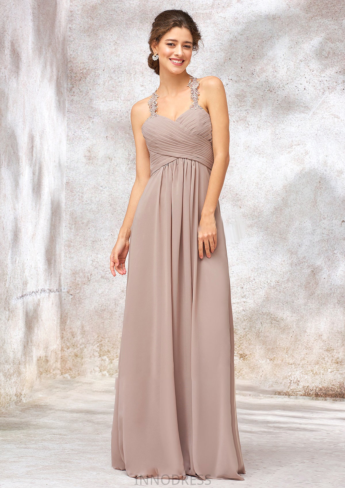 A-line Sweetheart Sleeveless Chiffon Long/Floor-Length Bridesmaid Dresses With Lace Pleated Makenzie DPP0025365